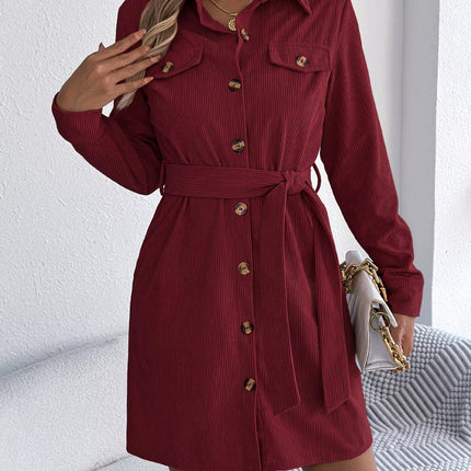 Button - Front Corduroy Shirt Dress - MimiStylez