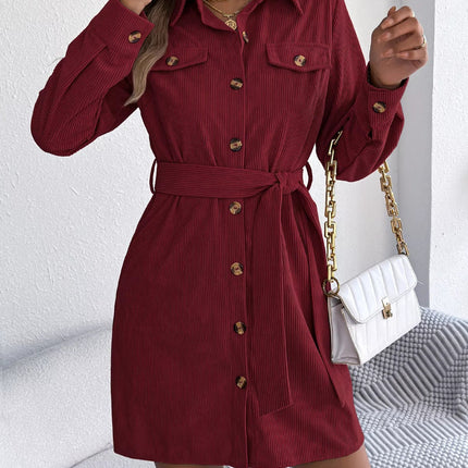 Button - Front Corduroy Shirt Dress - MimiStylez