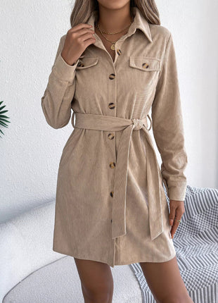 Button - Front Corduroy Shirt Dress - MimiStylez
