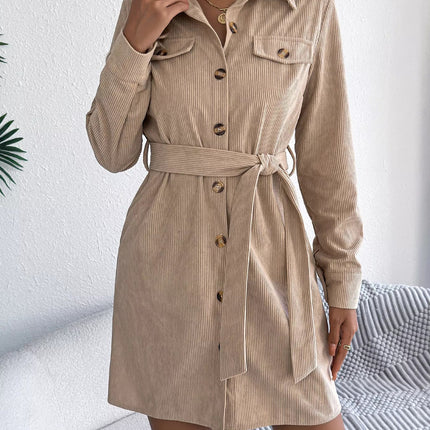 Button - Front Corduroy Shirt Dress - MimiStylez