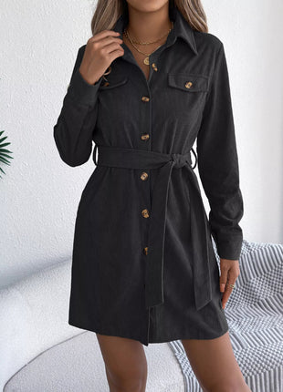 Button - Front Corduroy Shirt Dress - MimiStylez