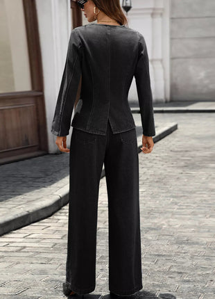 Button Up Long Sleeve Top and Jeans Denim Set - MimiStylez