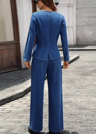 Button Up Long Sleeve Top and Jeans Denim Set - MimiStylez