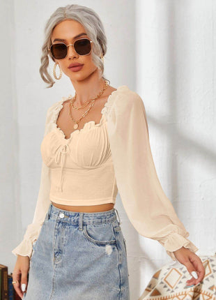 Mesh Sweetheart Neck Flounce Sleeve Top - MimiStylez