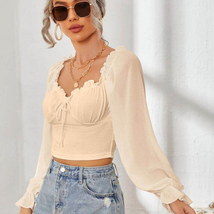 Mesh Sweetheart Neck Flounce Sleeve Top - MimiStylez