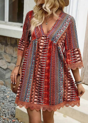Lace Trim Printed V-Neck 3/4 Sleeve Dress - MimiStylez