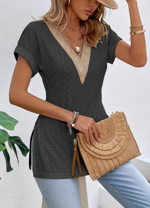 Slit Eyelet V-Neck Short Sleeve Blouse - MimiStylez