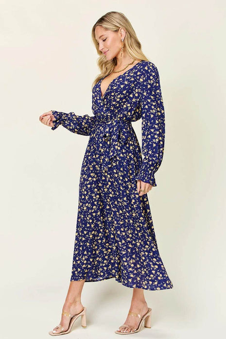 Double Take Full Size Tie Back Flounce Sleeve Dress - MimiStylez