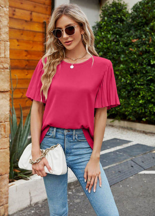 Pleated Flutter Sleeve Round Neck Blouse - MimiStylez