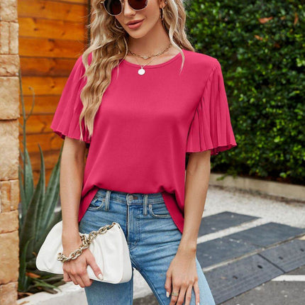 Pleated Flutter Sleeve Round Neck Blouse - MimiStylez