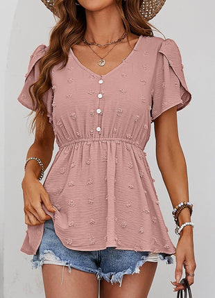 Swiss Dot Buttoned Petal Sleeve Peplum Blouse - MimiStylez