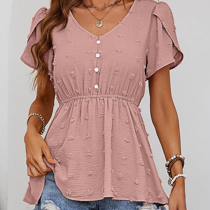 Swiss Dot Buttoned Petal Sleeve Peplum Blouse - MimiStylez