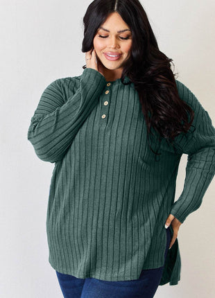 Basic Bae Full Size Ribbed Half Button Long Sleeve High-Low T-Shirt - MimiStylez