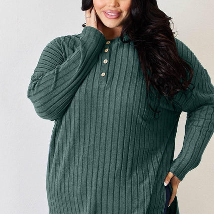 Basic Bae Full Size Ribbed Half Button Long Sleeve High-Low T-Shirt - MimiStylez
