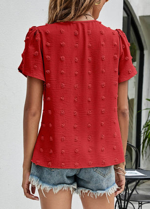 Swiss Dot Round Neck Petal Sleeve Top - MimiStylez