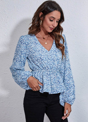 Floral V-Neck Balloon Sleeve Peplum Blouse - MimiStylez