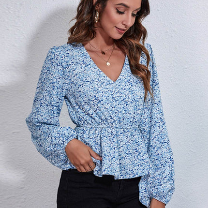 Floral V-Neck Balloon Sleeve Peplum Blouse - MimiStylez