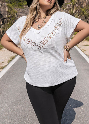 Plus Size Lace Detail V-Neck Short Sleeve Blouse - MimiStylez
