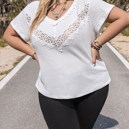 Plus Size Lace Detail V-Neck Short Sleeve Blouse - MimiStylez