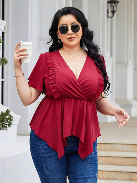 Plus Size Frill Surplice Flutter Sleeve Blouse - MimiStylez