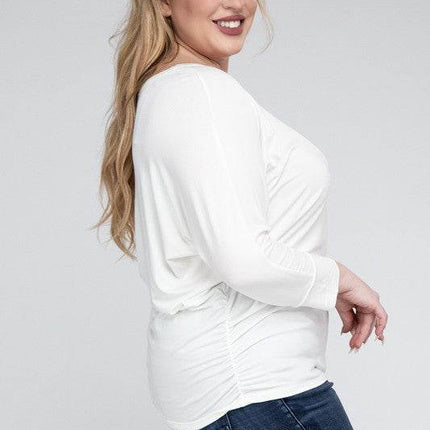 Plus Luxe Rayon Boat Neck 3/4 Sleeve Top - MimiStylez