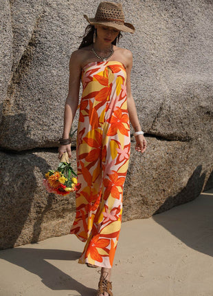 Tied Printed Tube Wide Leg Jumpsuit - MimiStylez