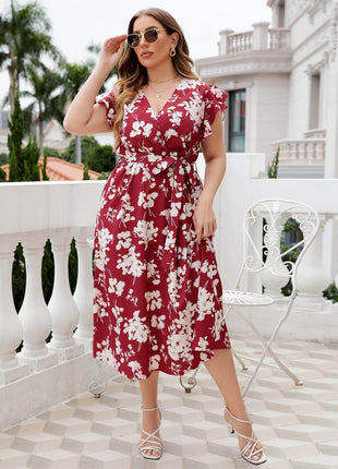 Plus Size Floral Tie Waist Surplice Neck Midi Dress - MimiStylez