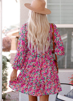 Floral Smocked V-Neck Flounce Sleeve Dress - MimiStylez