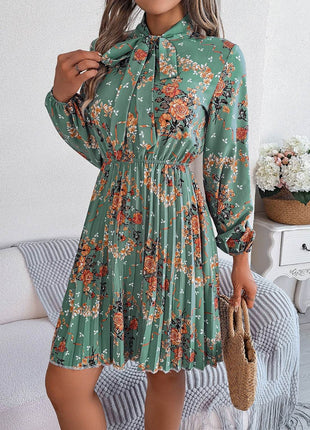 Pleated Printed Tie Neck Long Sleeve Dress - MimiStylez