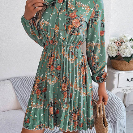 Pleated Printed Tie Neck Long Sleeve Dress - MimiStylez