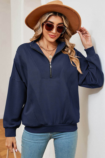Half Zip Dropped Shoulder Sweatshirt - MimiStylez