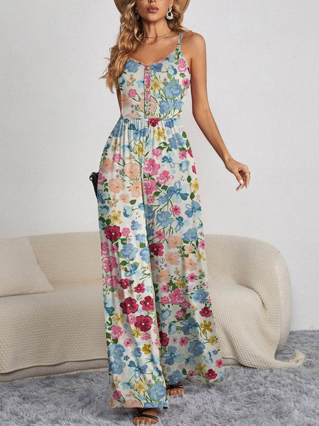 Decorative Button Spaghetti Strap Wide Leg Jumpsuit - MimiStylez