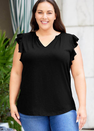 Plus Size Flutter Sleeve Notched Blouse - MimiStylez