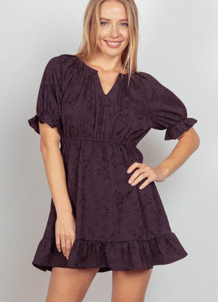 VERY J Floral Textured Woven Ruffled Mini Dress - MimiStylez