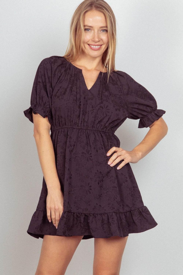 VERY J Floral Textured Woven Ruffled Mini Dress - MimiStylez