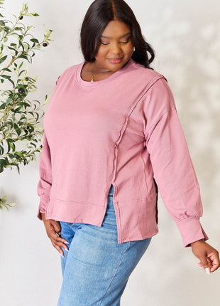 Culture Code Full Size Round Neck Exposed Seam Slit Top - MimiStylez