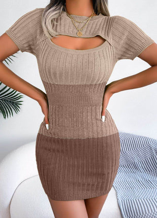 Color Block Cutout Short Sleeve Sweater Dress - MimiStylez