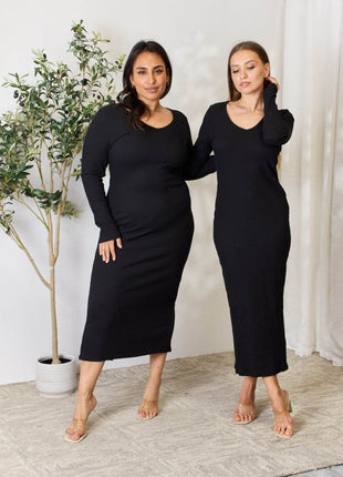 Culture Code Full Size Ribbed Long Sleeve Midi Slit Dress - MimiStylez