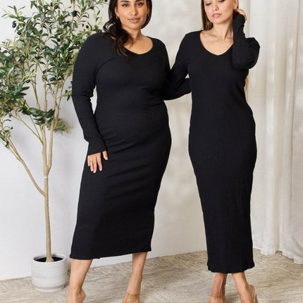 Culture Code Full Size Ribbed Long Sleeve Midi Slit Dress - MimiStylez