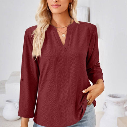 V-Neck Roll-Tap Sleeve Blouse - MimiStylez