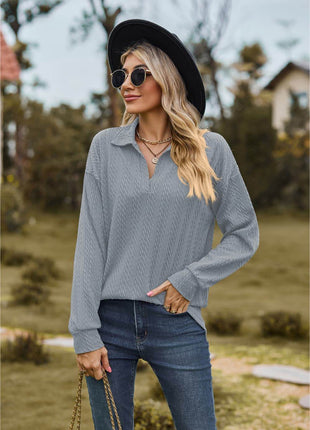 Collared Neck Cable-Knit Long Sleeve Blouse - MimiStylez
