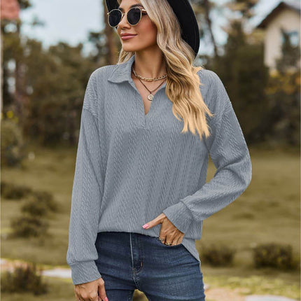 Collared Neck Cable-Knit Long Sleeve Blouse - MimiStylez
