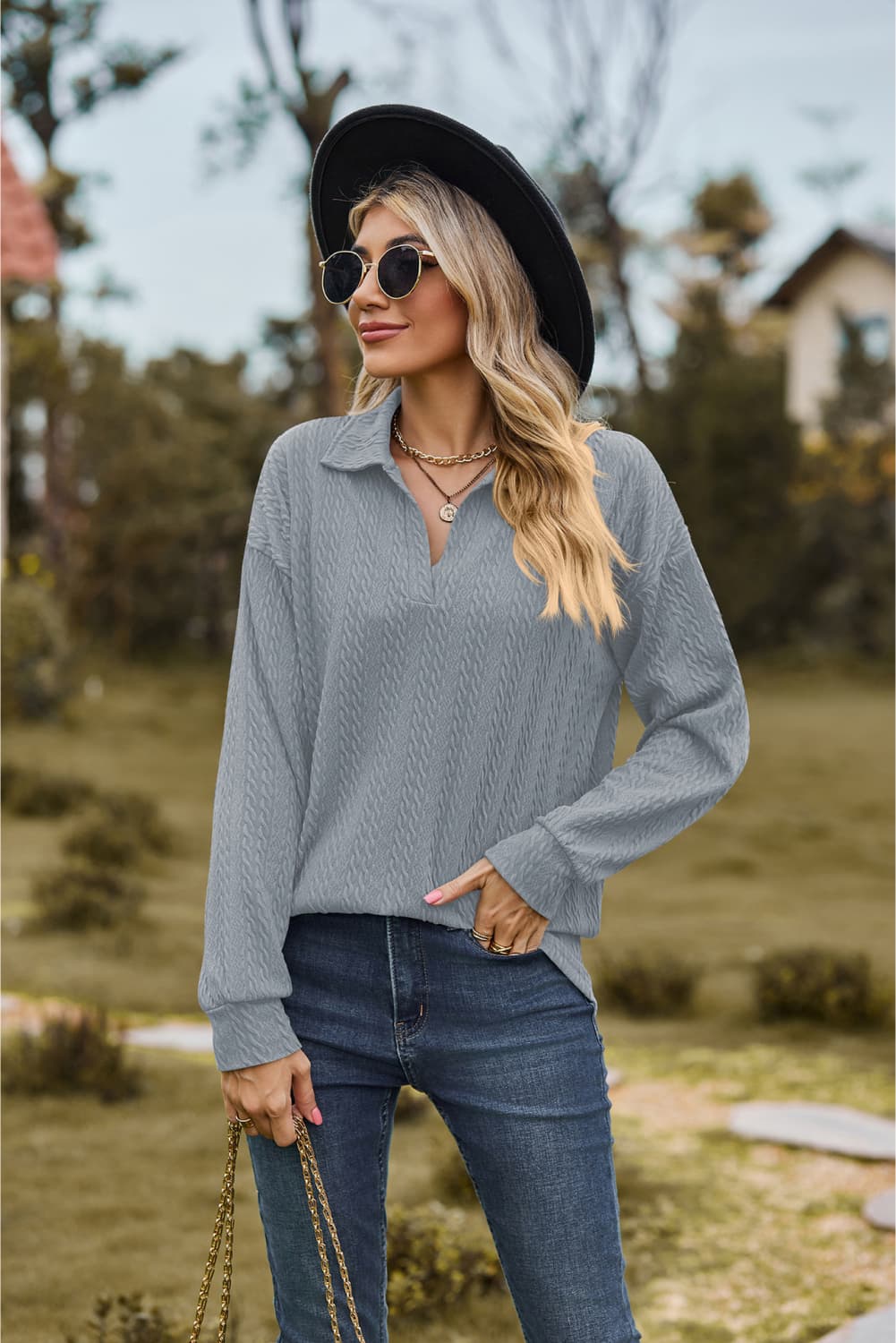 Collared Neck Cable-Knit Long Sleeve Blouse