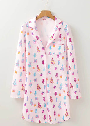 Printed Collared Neck Long Sleeve Lounge Dress - MimiStylez