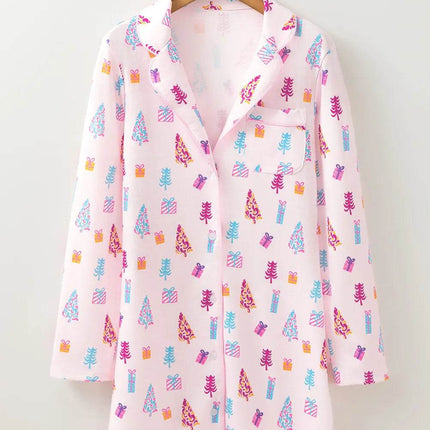 Printed Collared Neck Long Sleeve Lounge Dress - MimiStylez