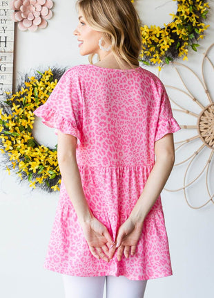 Heimish Full Size Leopard Ruffle Trim Short Sleeve Top - MimiStylez