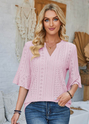 Eyelet Notched Half Sleeve T-Shirt - MimiStylez