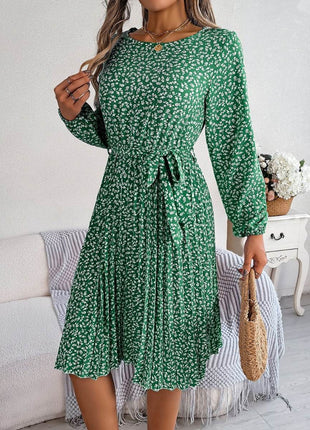 Ditsy Floral Tie Waist Pleated Dress - MimiStylez