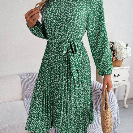 Ditsy Floral Tie Waist Pleated Dress - MimiStylez