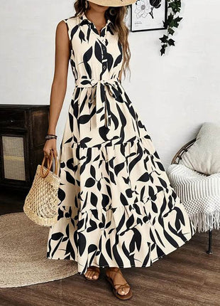 Women Sleeveless Boho Floral Maxi Dress Summer Button Shirt V Neck Flowy Belted Beach Vacation Dresses - MimiStylez